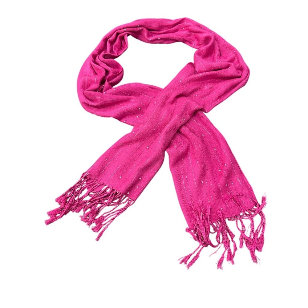 Elegant Pink Scarf With Silver Sparkle Accents Fringe